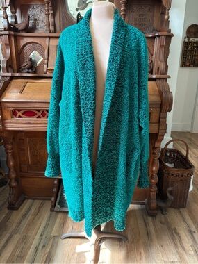Cozy Vintage Retro 80s Open-Front Women's Teal Bouclé Sweater Cardigan